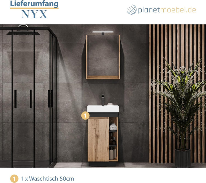 Planetmöbel Nyx Badmöbel Waschtisch mit Unterschrank 50 x 85,9 x 42 cm Wotan Eiche/Anthrazit, Badezi