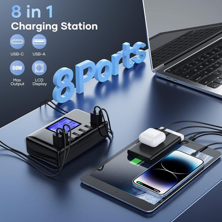 USB Ladegerät, 60W 8 Ports USB Ladestation 12A USB C mit LCD Display für mehrere Geräte, USB C Hub f