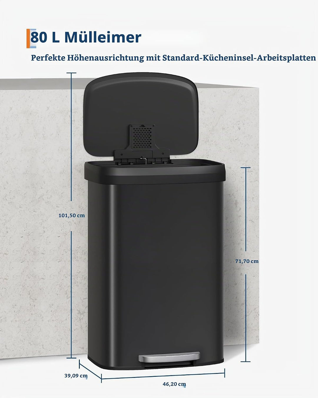 GarveeHome 80L Metall Mülleimer mit Deckel, grosser Tretmülleimer, Mülleimer Küche, rostfrei, mit Be