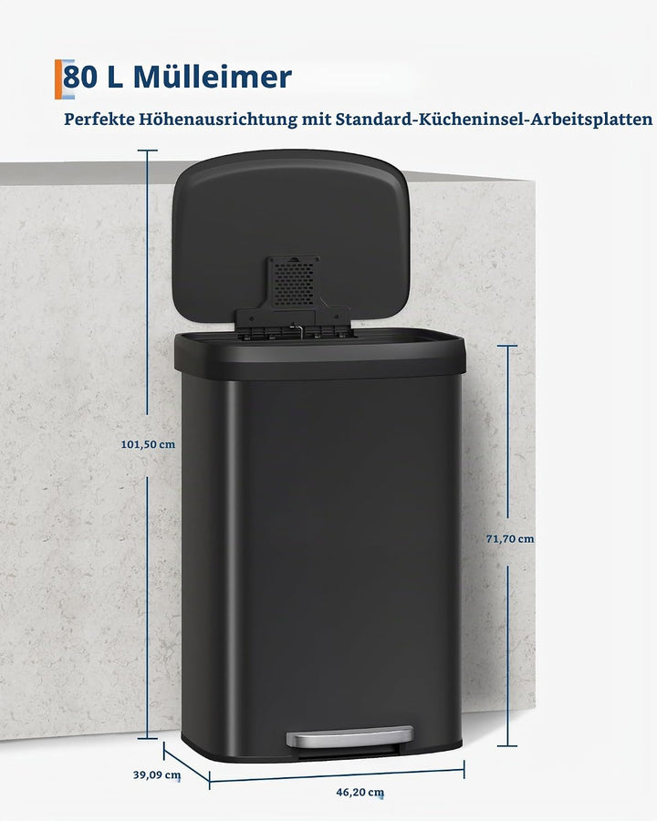 GarveeHome 80L Metall Mülleimer mit Deckel, grosser Tretmülleimer, Mülleimer Küche, rostfrei, mit Be