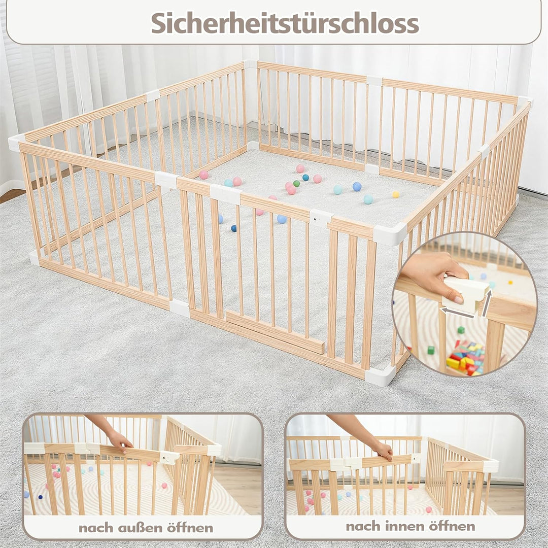 Baby Laufstall aus Holz mit Tür & Sicherheitsverschluss - Robustes Laufgitter zum Zusammenbauen, ind