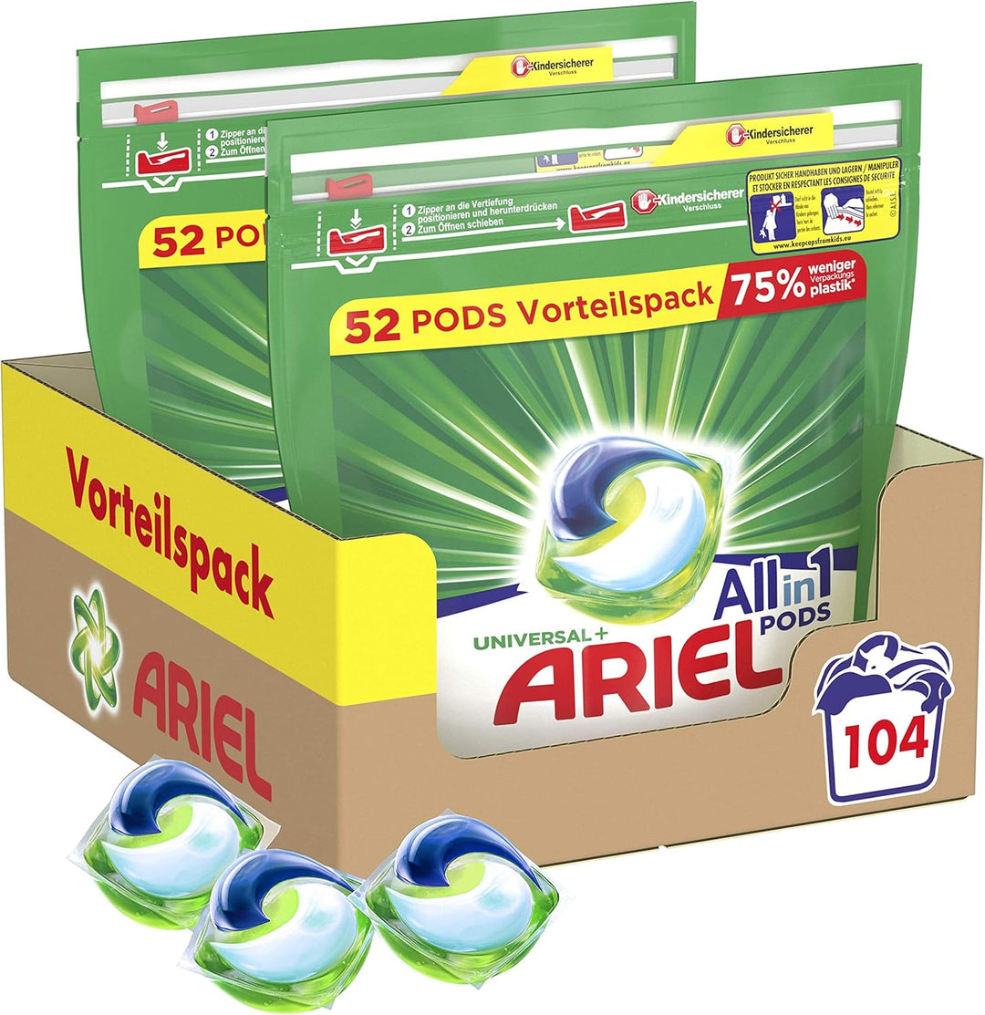 Ariel Waschmittel Pods All-in-1, 104 Waschladungen, Strahlend Rein, Umweltschonendes Waschen, 104 St