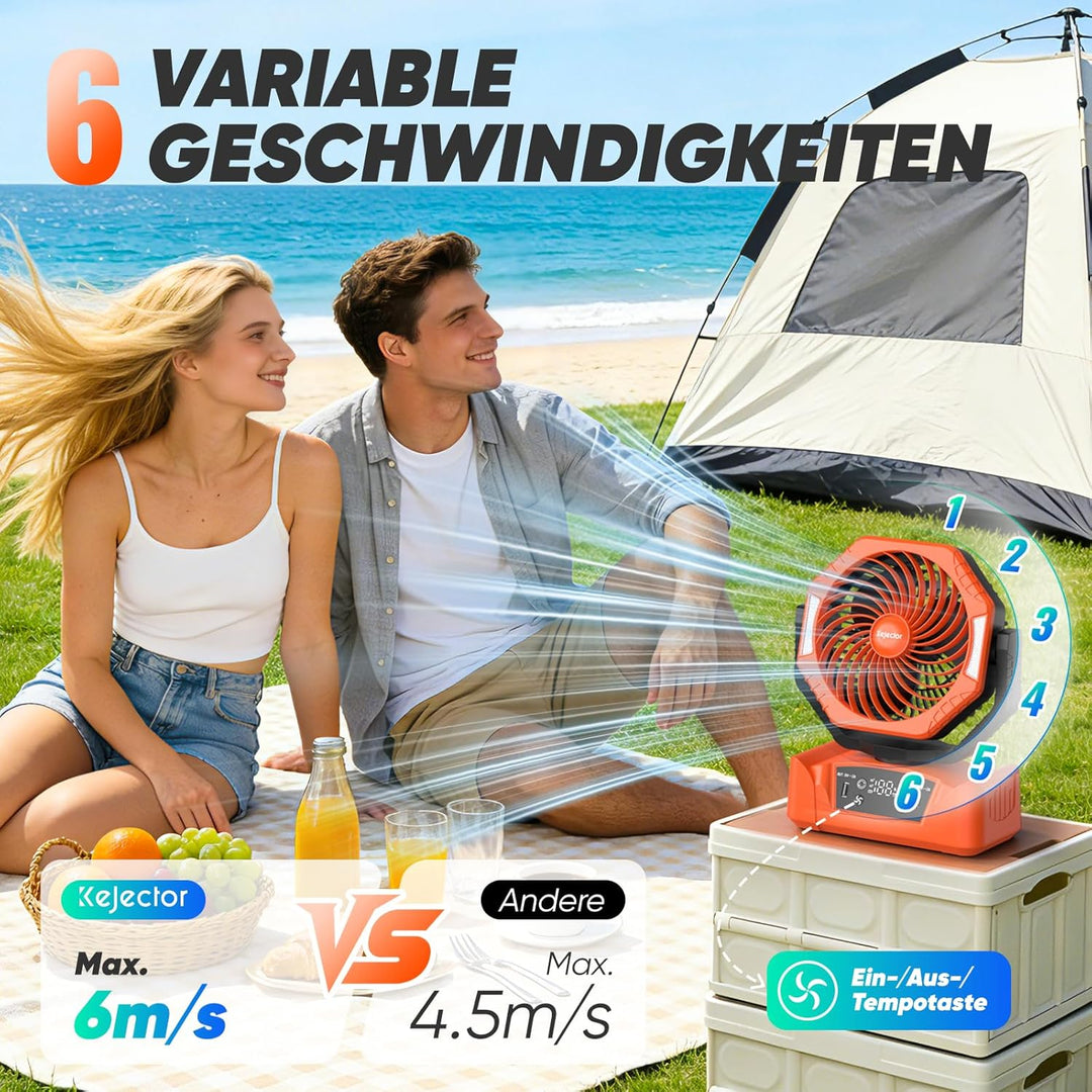 Camping Ventilator mit 24000mAh Akku Wiederaufladbar, HD Digitalanzeige |USB| LED-Licht| Timer, 6 Ge