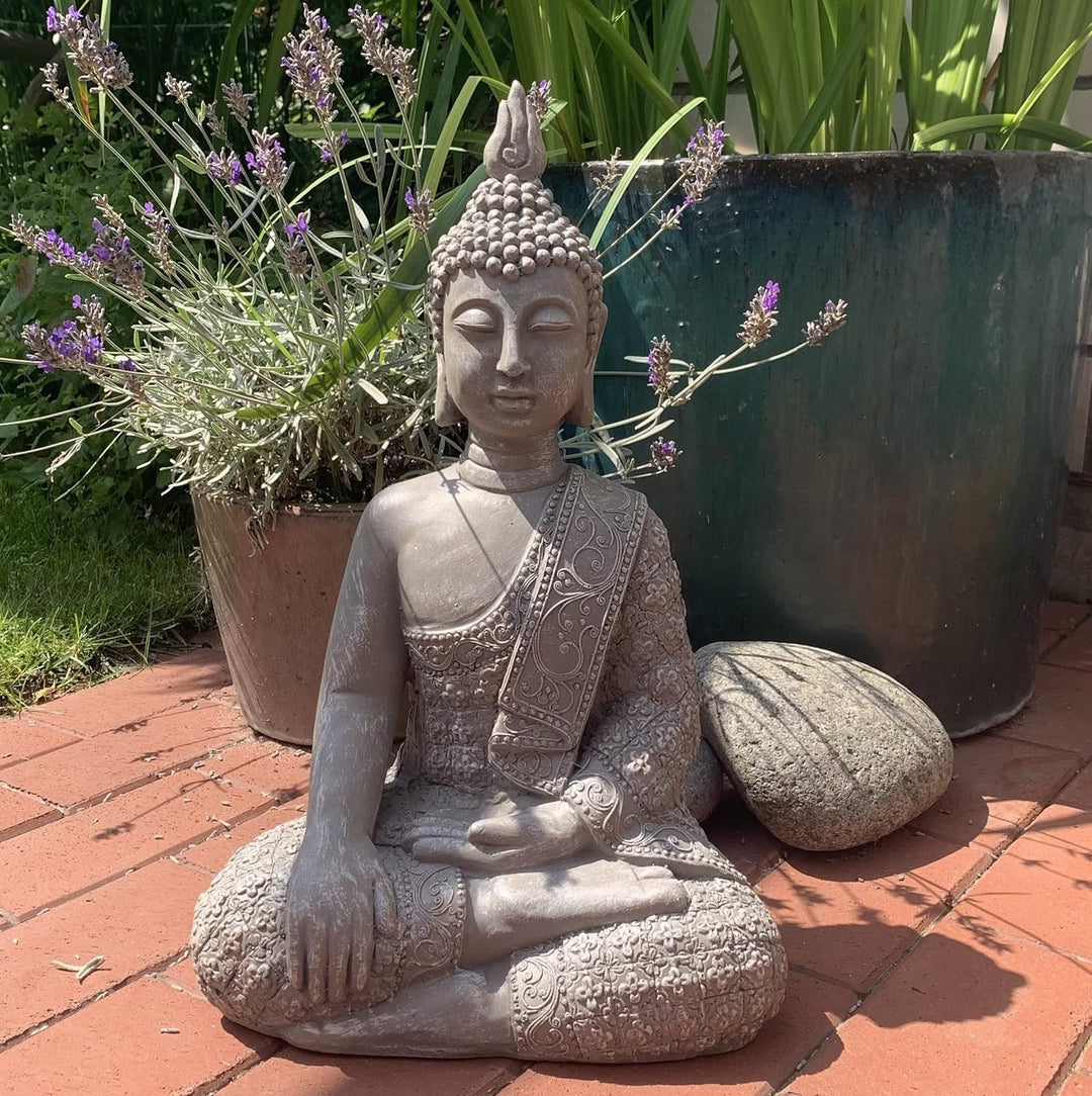 K&L Wall Art Grosse Buddhastatue Beton Grau Kunststein Buddha Feng Shui Deko Figur Garten Statue fro