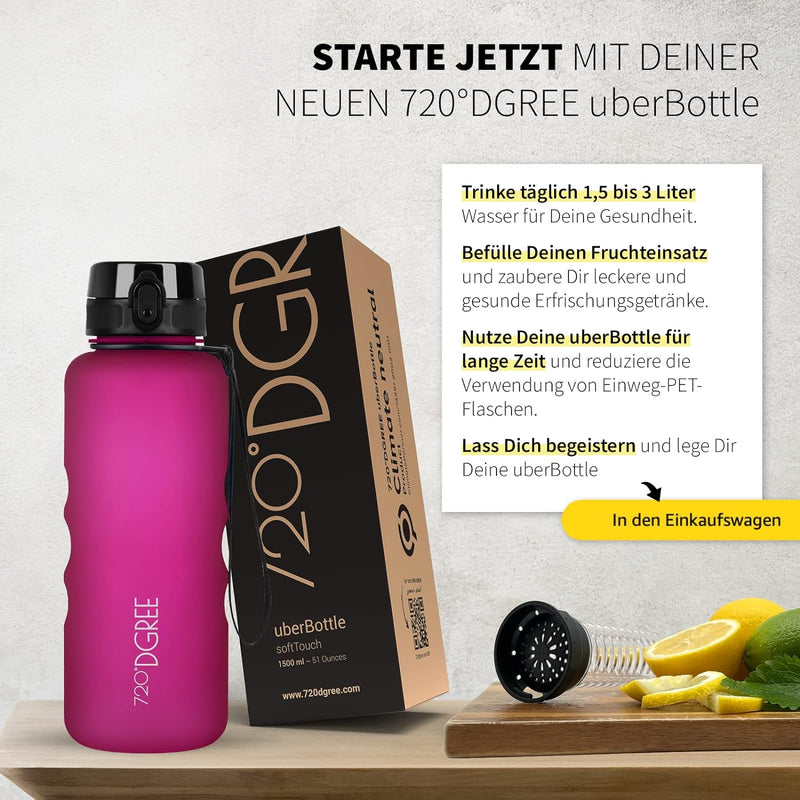 720°DGREE Trinkflasche 1,5l “uberBottle“ +Früchtebehälter - BPA-Frei, Auslaufsicher - Wasserflasche