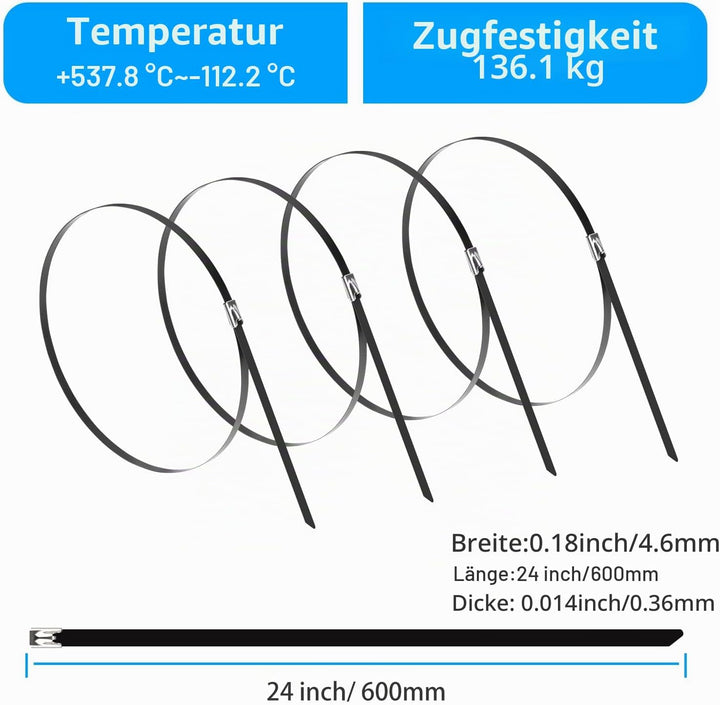 XINGO100 Stück Edelstahl Kabelbinder, 600mm x 4,6mm, Metall 304, Robuste Mehrzweck-Kabelbinder für A