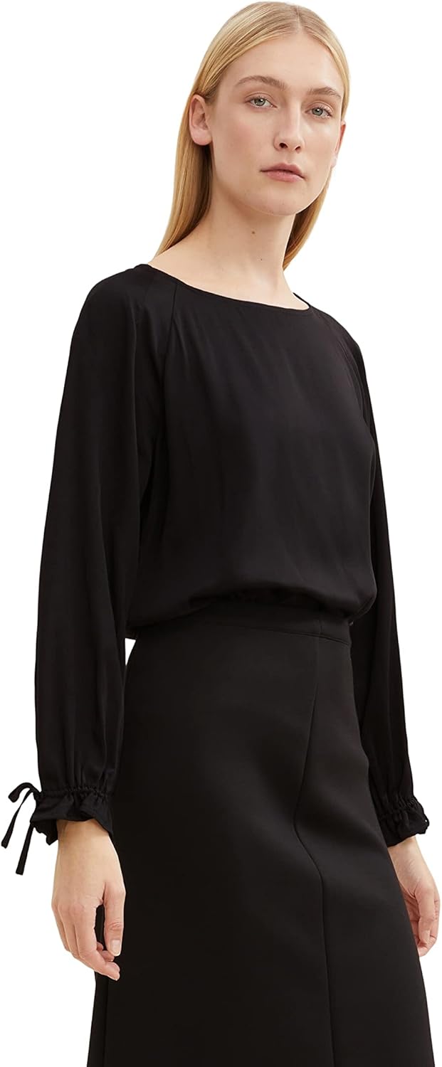TOM TAILOR Damen Bluse mit Schleife am Ärmel 32 14482 - Deep Black, 32 14482 - Deep Black