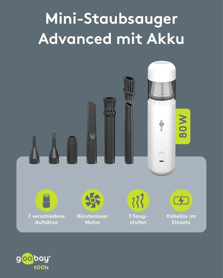 goobay 77828, Mini-Staubsauger 80W, Acrylnitril-Butadien-Styrol, weiss, Mini-Staubsauger 80W, 80 W,