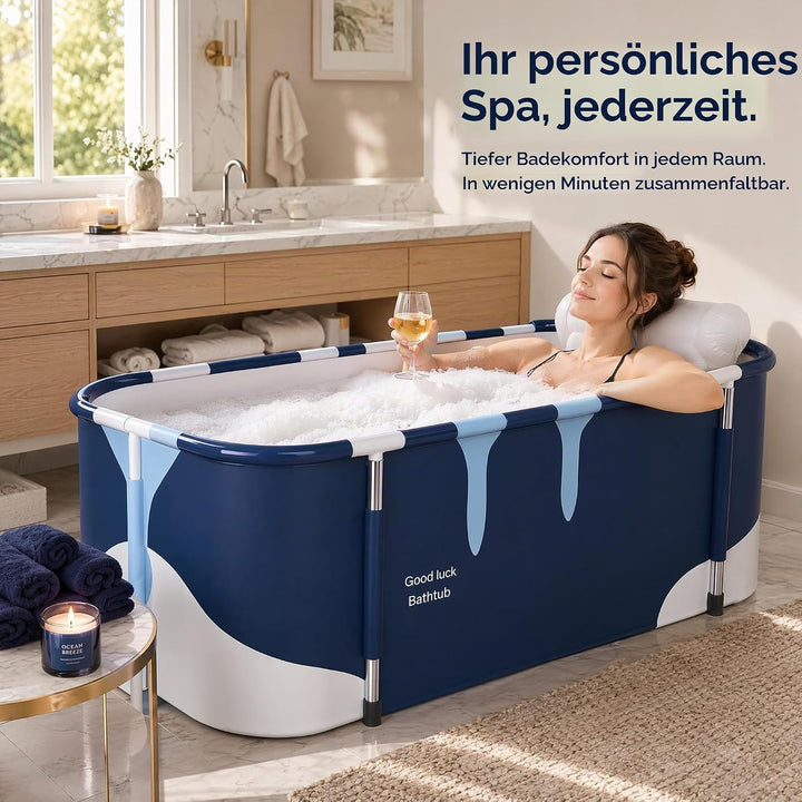 Faltbare Badewanne 140 cm, 6-lagige Isolierung, Ablauf unten/seitlich, inkl. aufblasbare Kissen - fü
