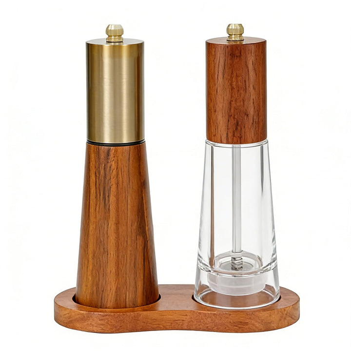 Holz-Salz- und Pfeffermühle-Set mit Ständer, Acrylgehäuse, verstellbarem Kern Premium-Holzsalzmühle