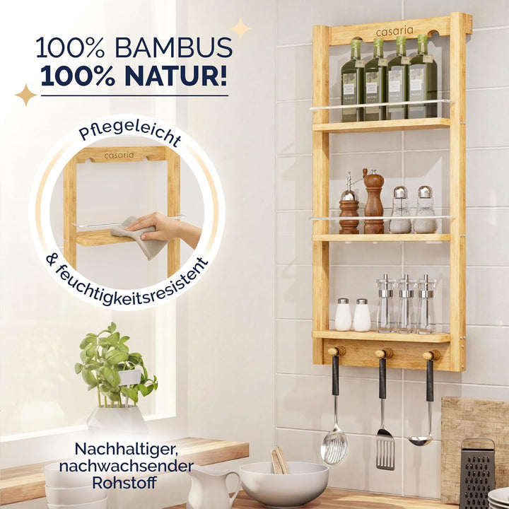 Casaria® Duschregal Zum Hängen 3 Ablagen 3 Haken 70x29x10cm Duschablage Hängend Badregal Bambus Holz