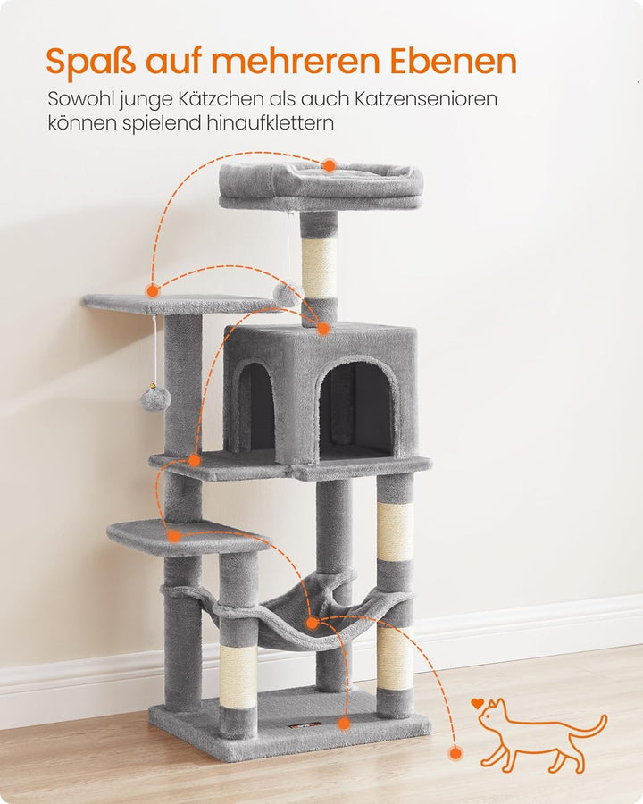 Feandrea Kratzbaum, 112 cm hoch, Katzenbaum, mehrstöckiges Katzenhaus, mit 4 Kratzsäulen, 2 Plattfor