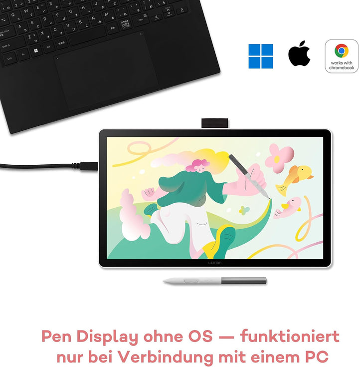 Wacom One 14 Grafiktablett mit Display – 14,0″ Full HD Zeichentablett mit Stift ohne Batterie, entsp