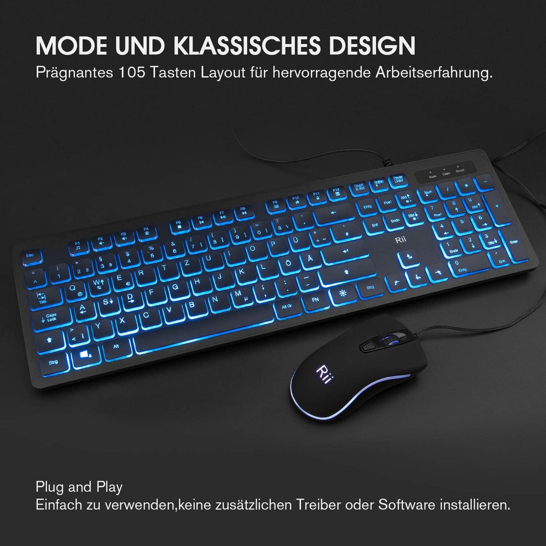 Rii Gaming Tastatur und Maus Set mit Kabel, 3 LED Hintergrundbeleuchtung QWERTZ (DE-Layout), Kabelge