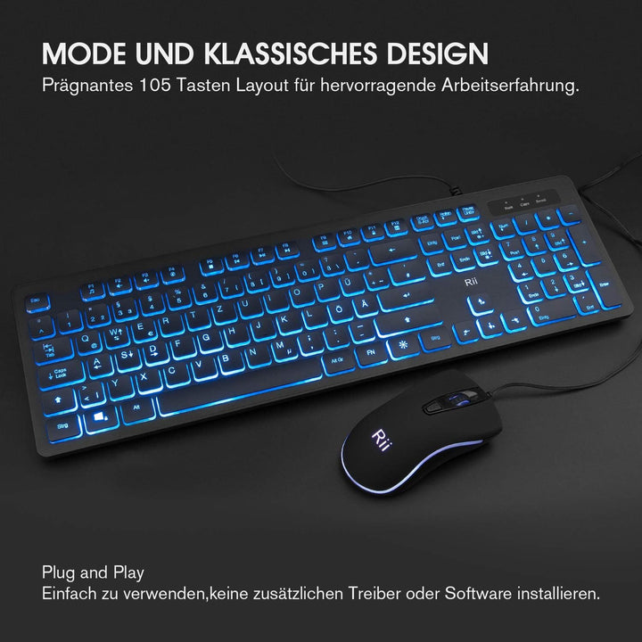 Rii Gaming Tastatur und Maus Set mit Kabel, 3 LED Hintergrundbeleuchtung QWERTZ (DE-Layout), Kabelge