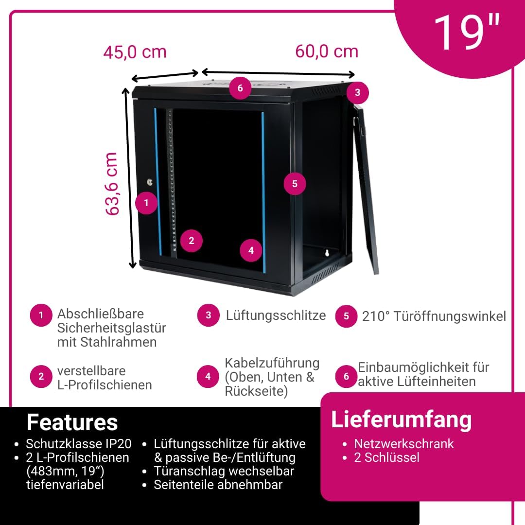 Koscom Connect Netzwerkschrank 12 HE I Serverschrank 19 Zoll I Wandmontage 600 x 450 x 636 mm I voll