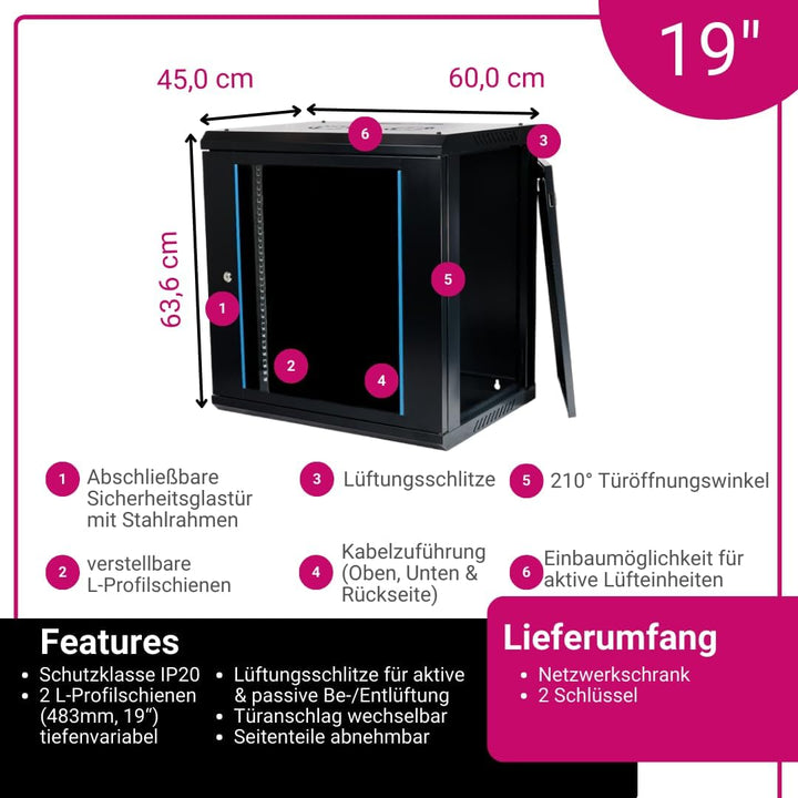 Koscom Connect Netzwerkschrank 12 HE I Serverschrank 19 Zoll I Wandmontage 600 x 450 x 636 mm I voll