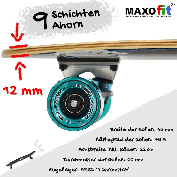 MAXOfit Longboard in verschiedenen Designs mit hochwertigen Ahorn/Bambus Decks für Anfänger und Fort