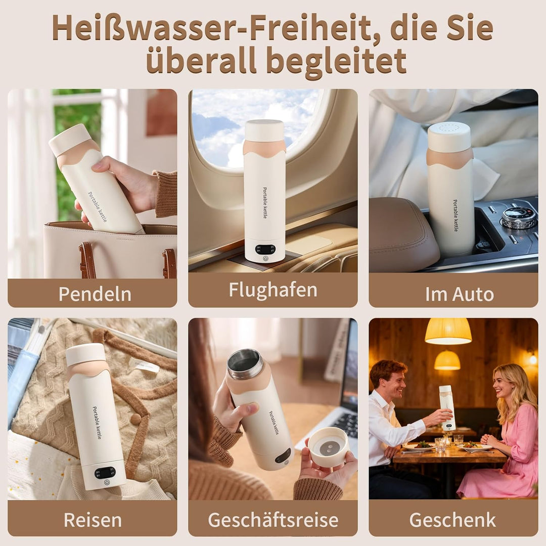 450 ml Reisewasserkocher Klein mit 4 Temperatureinstellungen, Doppelschicht 304 Edelstahl, 6 Stunden