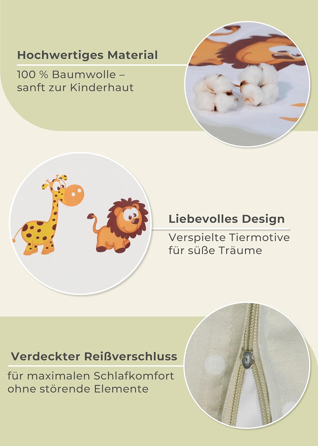 Gräfenstayn® 2-tlg. Kinderbettwäsche Set mit Tiermotiv und integriertem Reissverschluss - aus 100% B