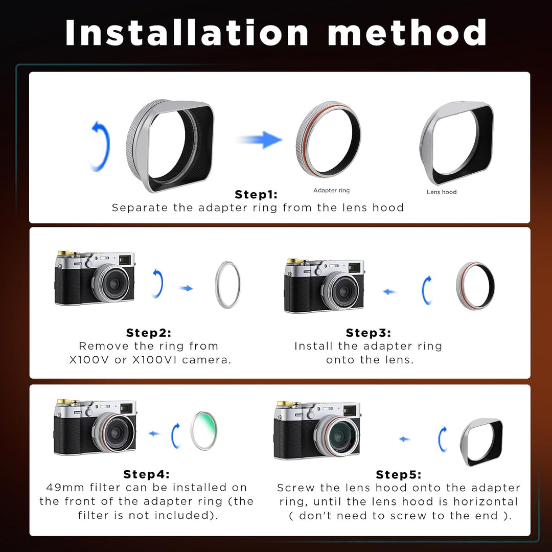 Haoge LH-X200S Gegenlichtblende aus Metall, quadratisch, mit 49 mm Adapterring, Metallkappe für Fuji