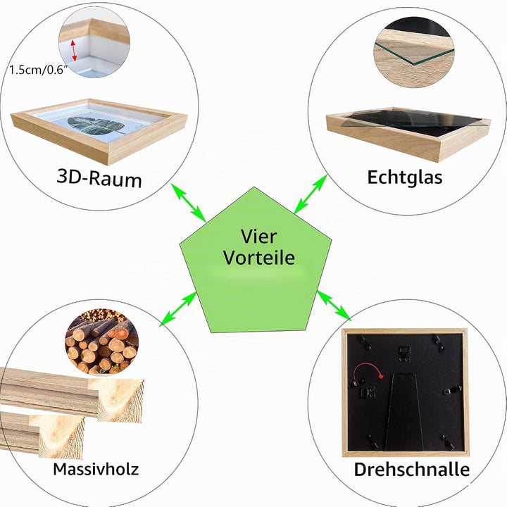 Houstimi 3D Bilderrahmen zum Befüllen Bilderrahmen Holz 13x18cm 2 Pack Natural Fotorahmen aus Massiv