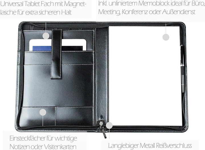 DELMON VARONE - Personalisierbare Tablet Schreibmappe DIN A4 aus Cambridge Top Grain Leder schwarz,