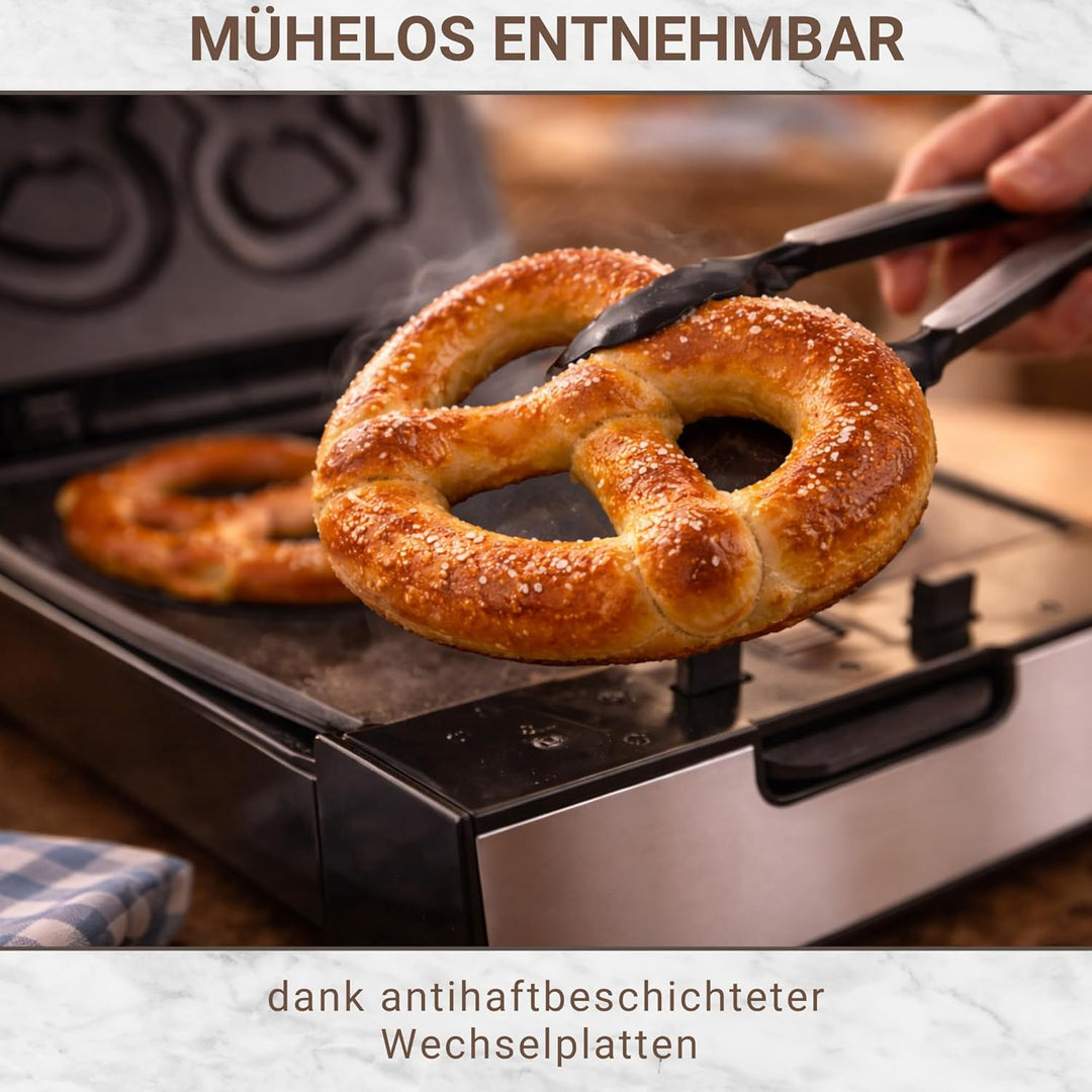 Syntrox Brezel Maker mit Wechselplatten, Edelstahl, schnelles Aufheizen, Antihaftbeschichtet, versch