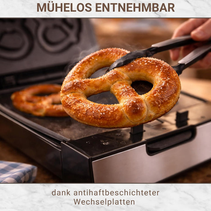 Syntrox Brezel Maker mit Wechselplatten, Edelstahl, schnelles Aufheizen, Antihaftbeschichtet, versch