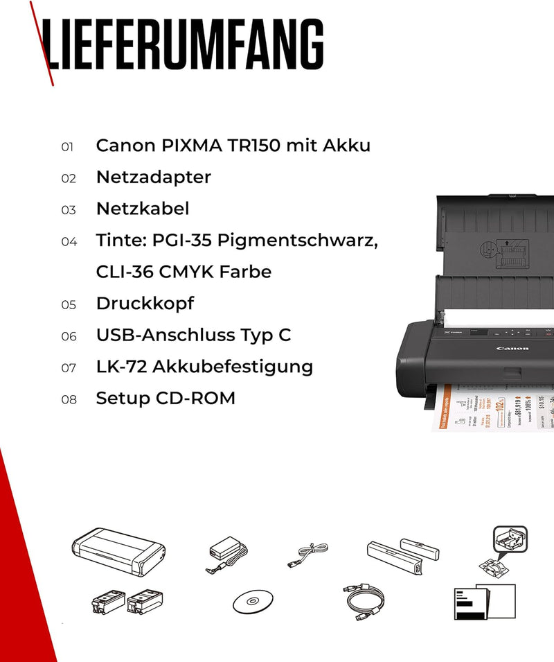 Canon PIXMA TR150 mobiler Drucker (WLAN, Cloud, AirPrint, 4.800 dpi x 1.200 dpi, Highspeed USB Typ C