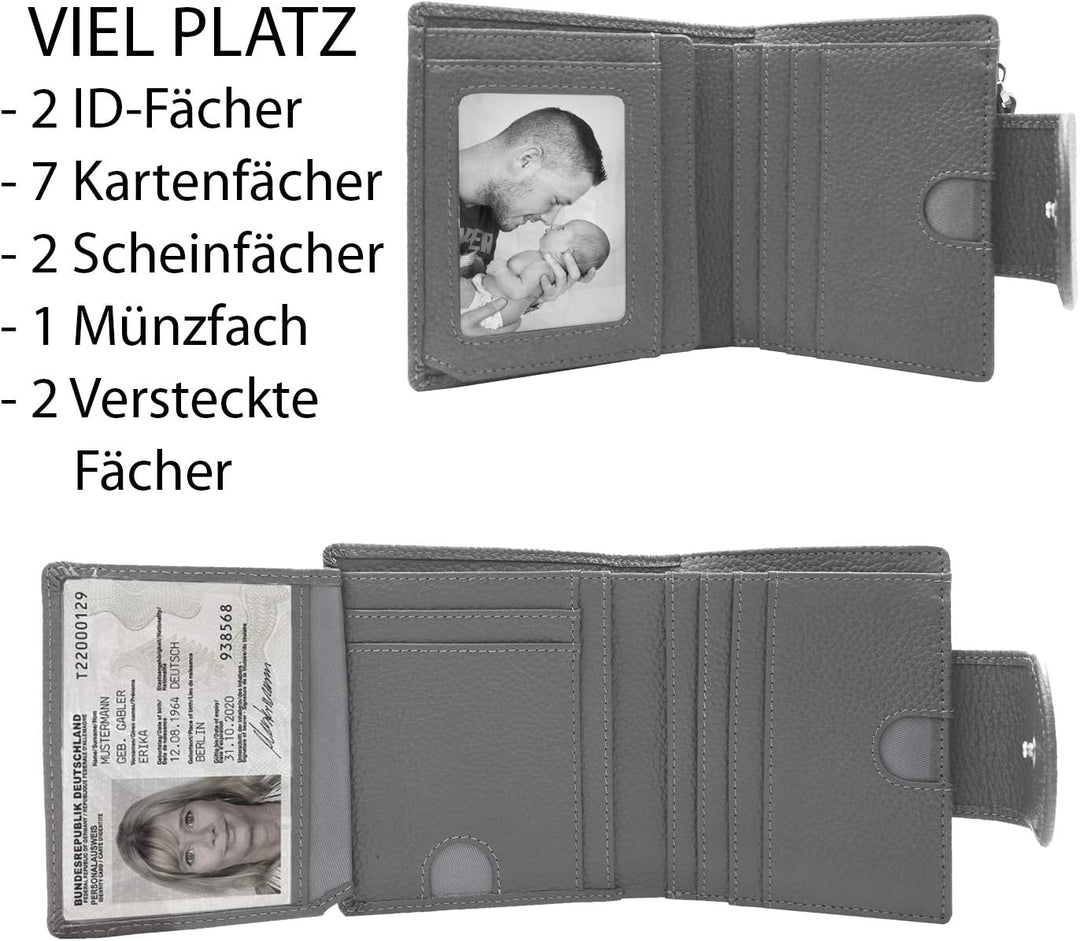 RFID Geldbörse Damen Leder, grau - RFID Blocker, Münzfach | Portemonnaie klein, Portmonee, Geldbeute
