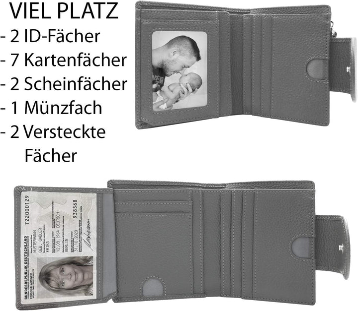 RFID Geldbörse Damen Leder, grau - RFID Blocker, Münzfach | Portemonnaie klein, Portmonee, Geldbeute