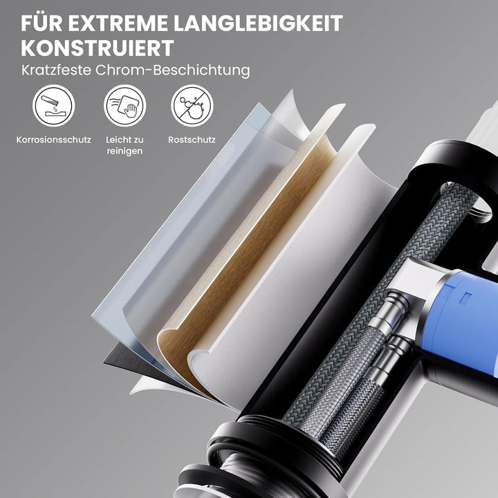 CECIPA Wasserhahn Küche Schwarz, Hochdruck Küchenarmatur mit Brause Ausziehbar, V-förmiger Armatur E
