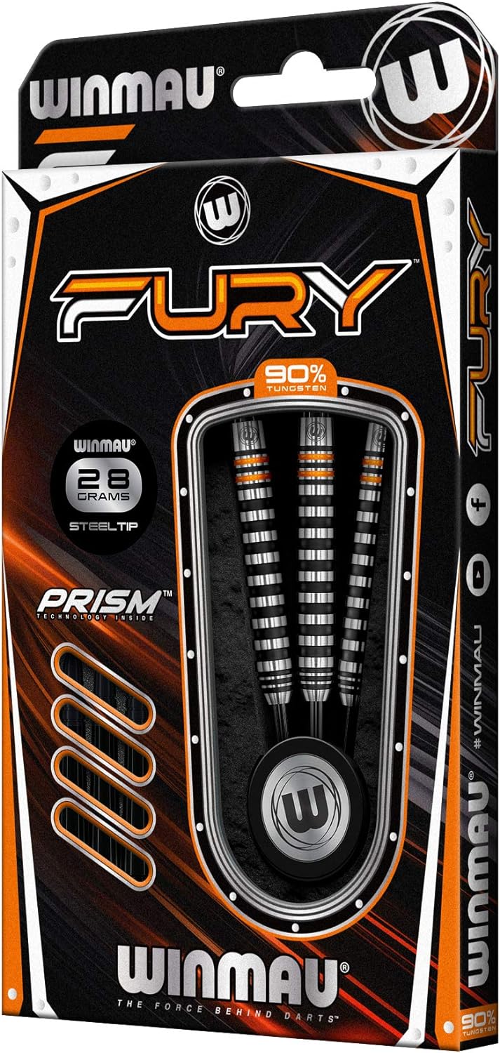 WINMAU Fury Wolfram-Dartpfeile mit Prismenflügeln und Vecta-Schäften (Stiele), 22–28 g, 28 g