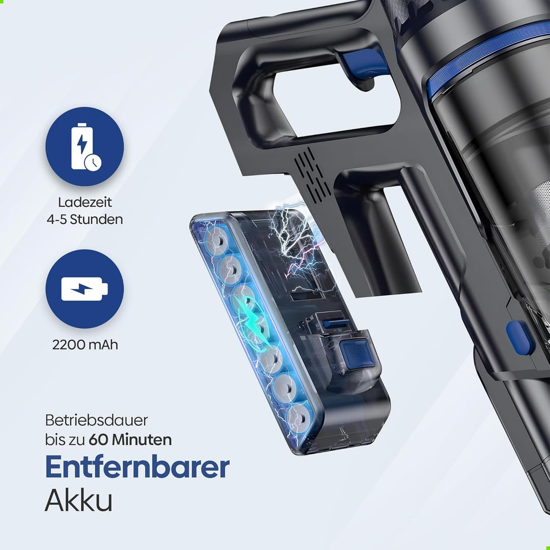 Olvy Akku-Staubsauger mit Wischfunktion, Tierhaare/Teppiche/Hartböden, Kabelloser 2-in-1, ohne Beute