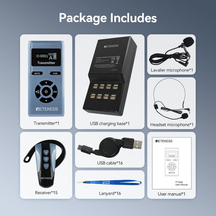 Retekess TT106S Drahtloses Tourguide-System, Tourguide-Headsets, 2.4GHz, One-Touch-Bedienung, USB-La