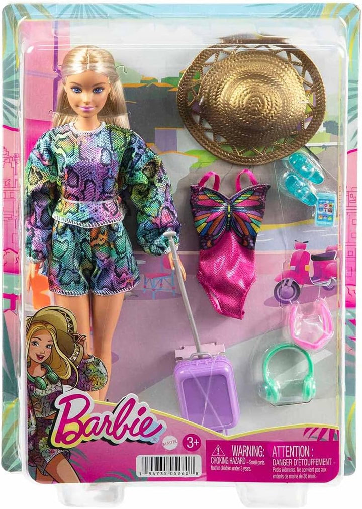 Barbie Puppe & Zubehör Set, Urlaub Spass Sommer Reise Modepuppe, Blond mit Regenbogen Jogger Top & S