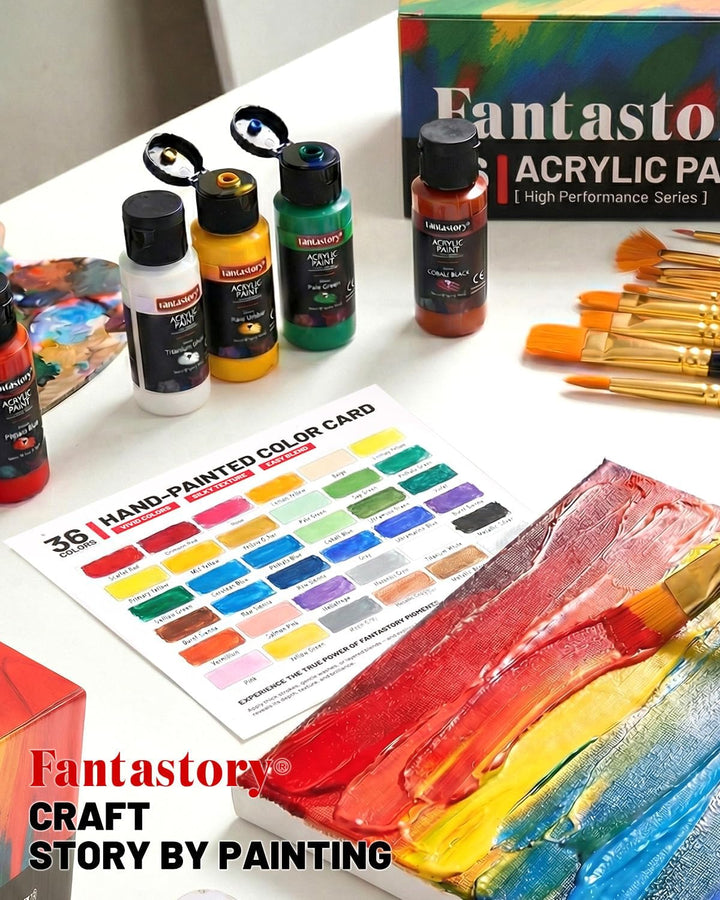 Fantastory Acrylfarben Set 60ml x 36 Farben mit 12 Pinseln, Premium Ungiftig Acrylfarbe, Nicht Verbl