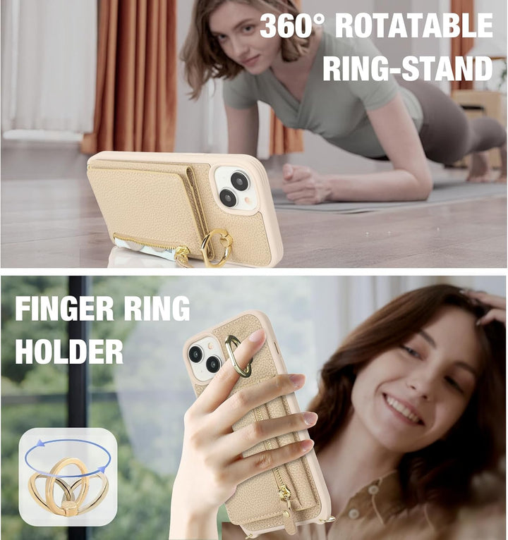 ELTEKER Handyhülle für iPhone 15 Hülle mit Band Kartenfach Ringhalterung Geldbörse,Leder Klapphülle