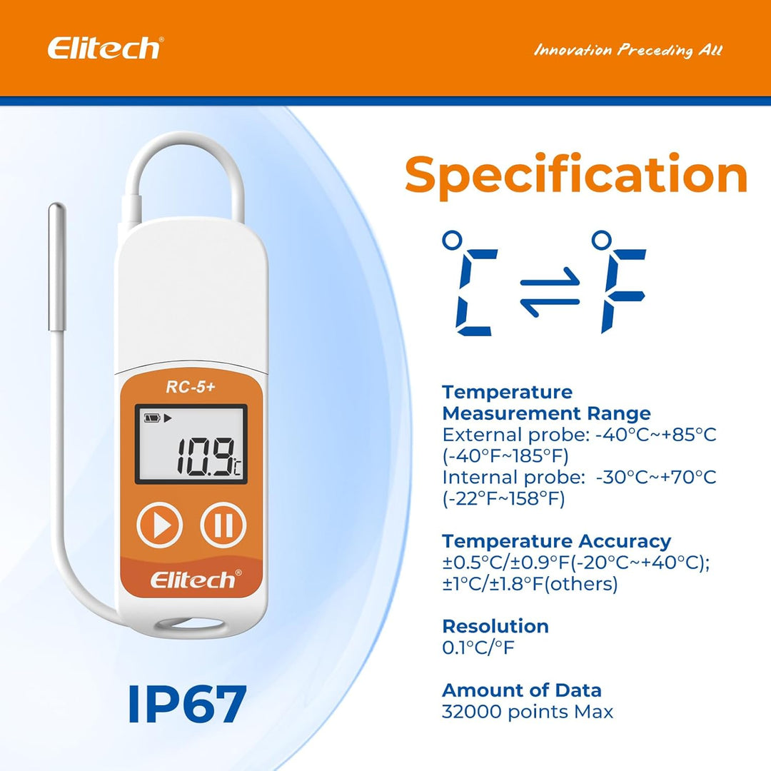 Elitech Temperatur-Datenlogger wiederverwendbar Recorder 32000 Punkte PDF USB hohe Genauigkeit RC-5+