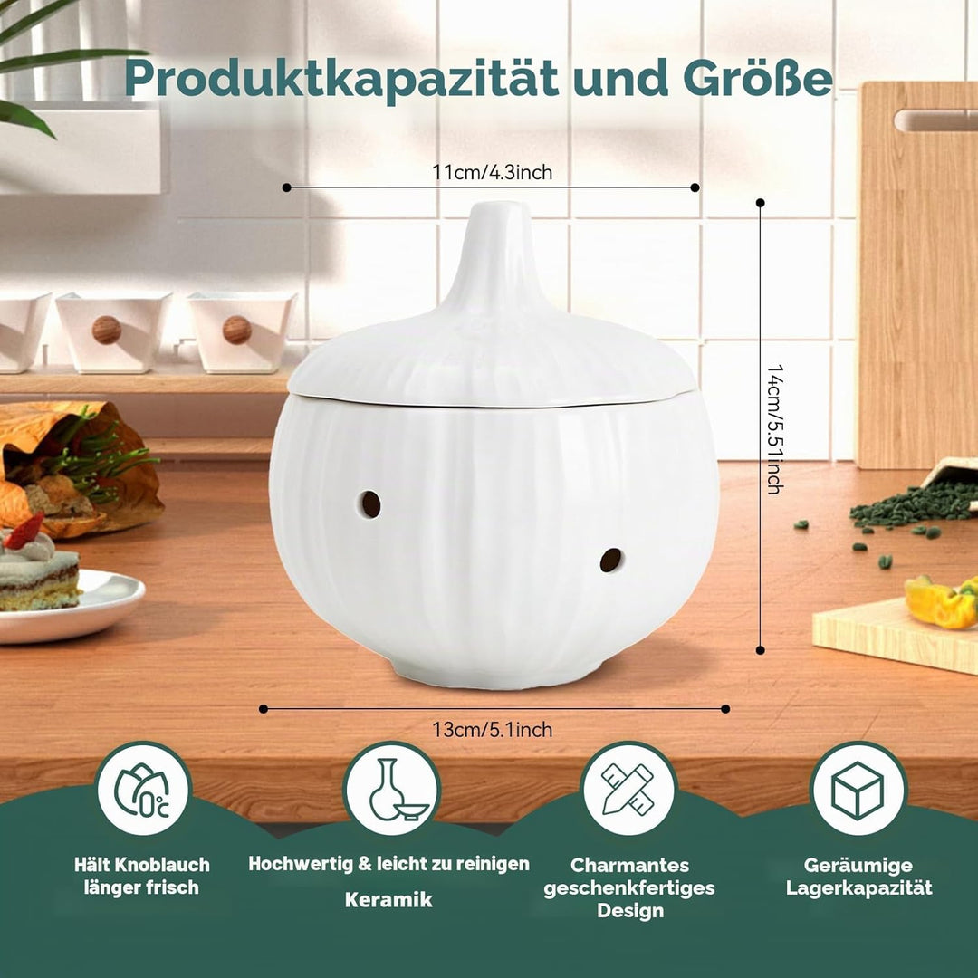MARUKO Knoblauch Aufbewahrung, Keramik Zwiebeltopf, Keramik-Aufbewahrungstopf für Knoblauch mit Belü