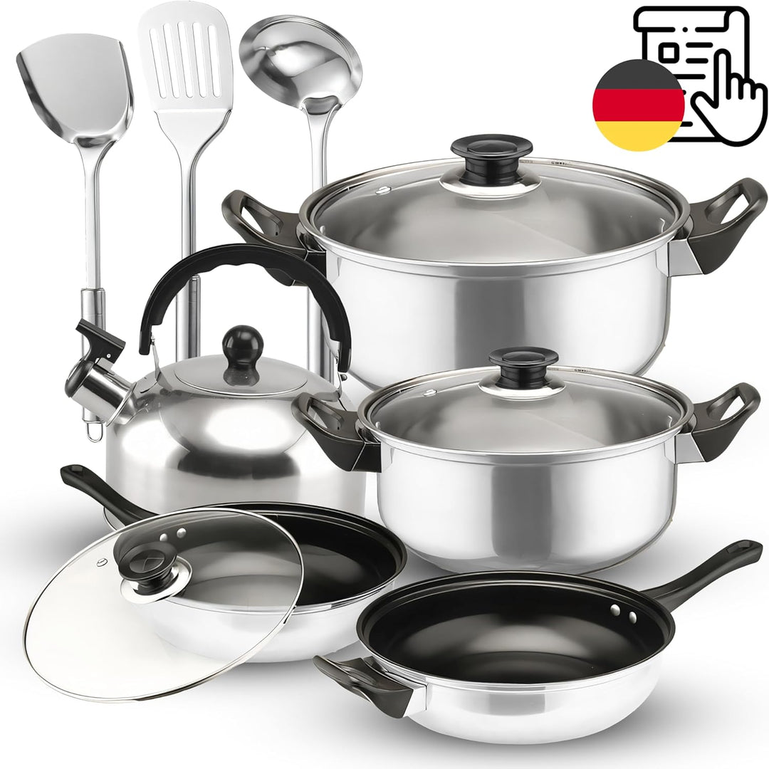 Retoo 11-teilig Topf und Pfannenset Induktion Kochtopf Set mit Glasdeckel, Wasserkocher, Topfset Ede