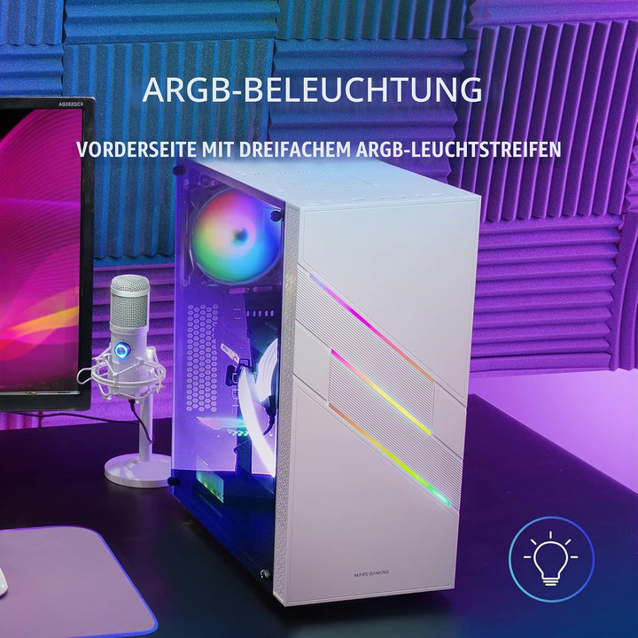 Mars Gaming MC-U3 Weiss, PC ATX XL Gehäuse, Front Triple ARGB, 12cm Lüfter, Gehärtetes Glasfenster,