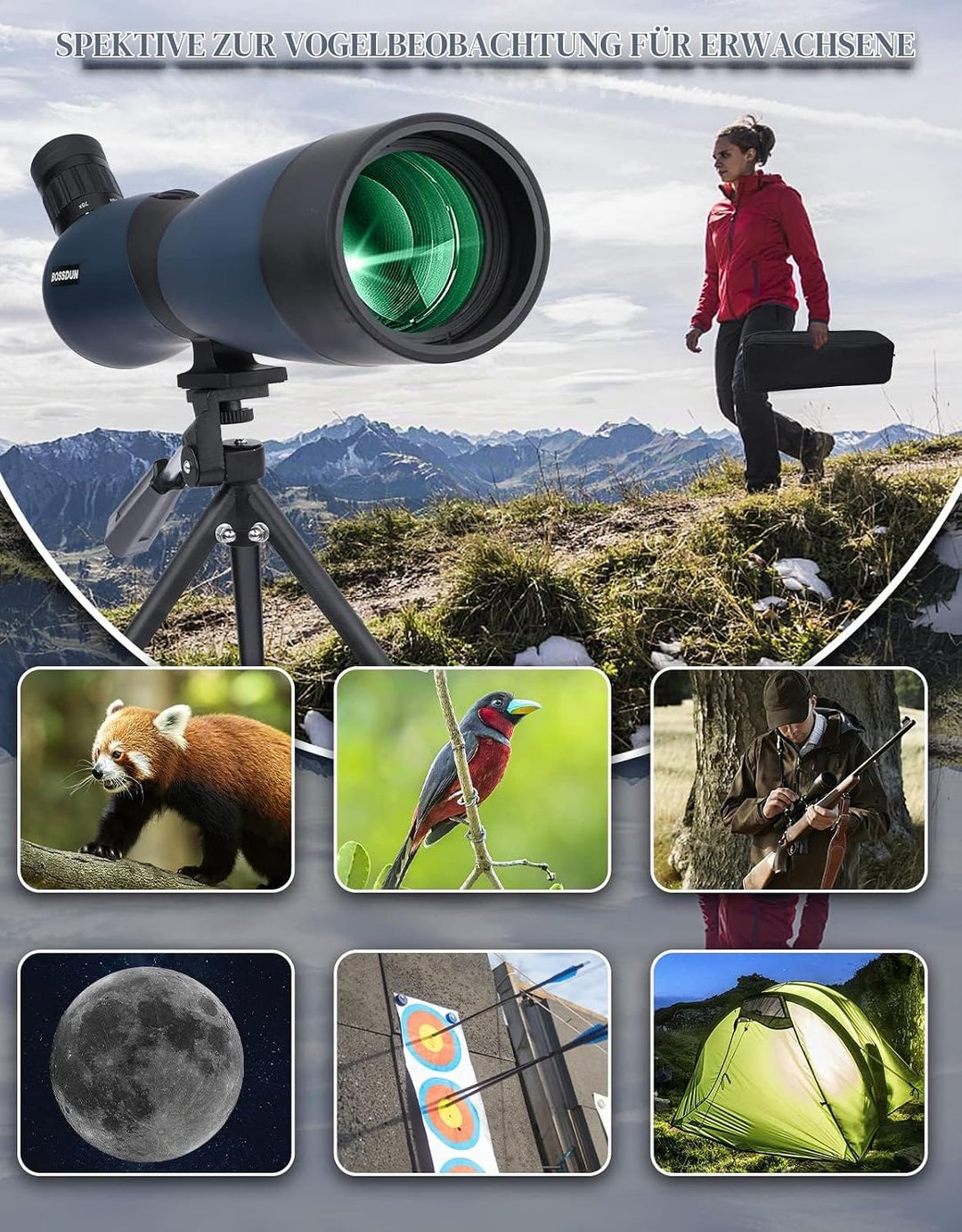 25-75x70 HD Spektiv Sportschützen mit Stativ- und Smartphone-Adapter, Zoom Bak4 Prism FMC Lens 45-Gr