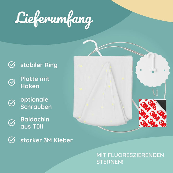 BEARTOP Baldachin Kinderzimmer | 6 Farben | ohne Bohren | Tüll | mit stabilem Ring | Ring Wird in St