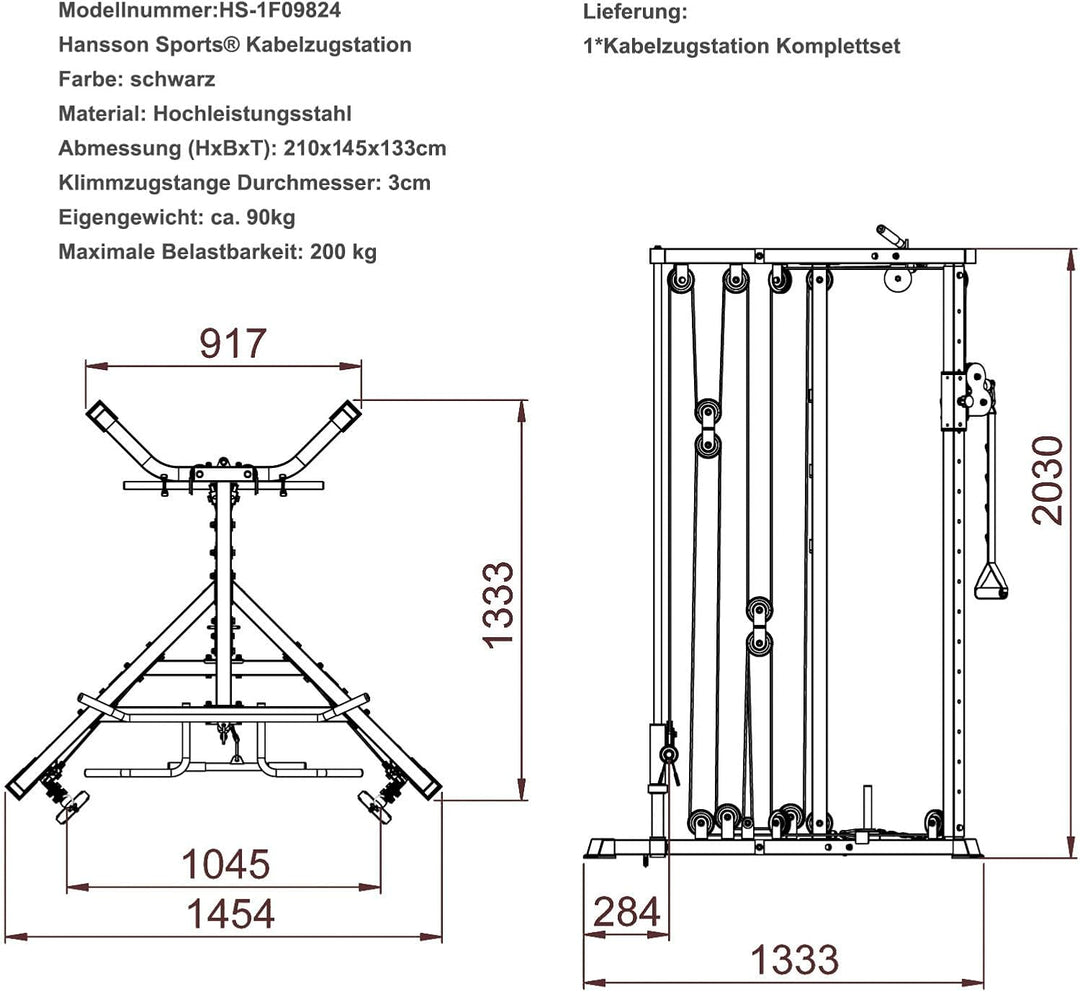 Hansson Sports® Kabelzug Trainer Latzugstation Kraftstation Cross Over mit Klimmzugstange, Bizeps- /