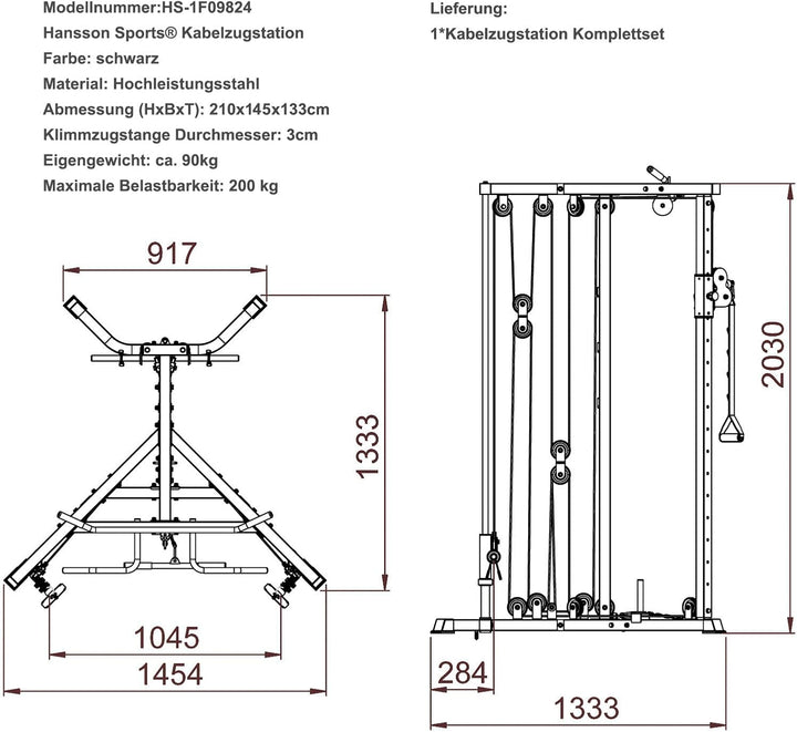 Hansson Sports® Kabelzug Trainer Latzugstation Kraftstation Cross Over mit Klimmzugstange, Bizeps- /