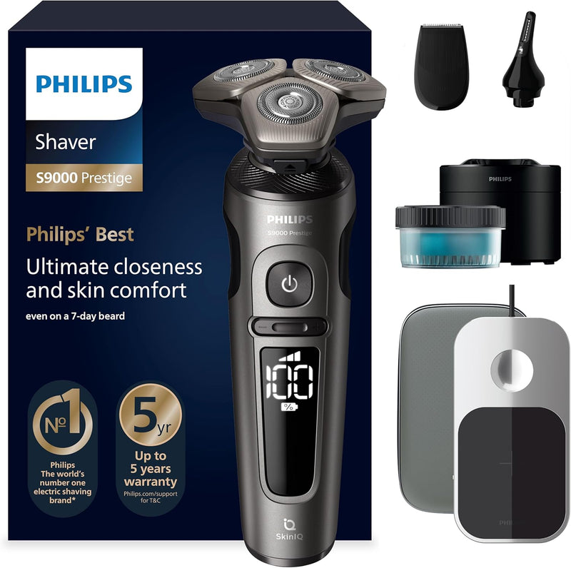 Philips Shaver S9000 Prestige, elektrischer Nass- und Trockenrasierer, Gold, SkinIQ Technologie, Rei