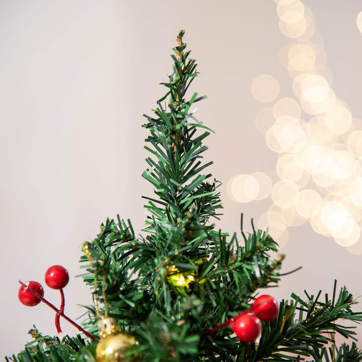 HOMCOM Weihnachtsbaum Klein, Mini Christbaum mit Stechpalmenbeeren, 15 LED-Lichtern und Kugeln, Küns