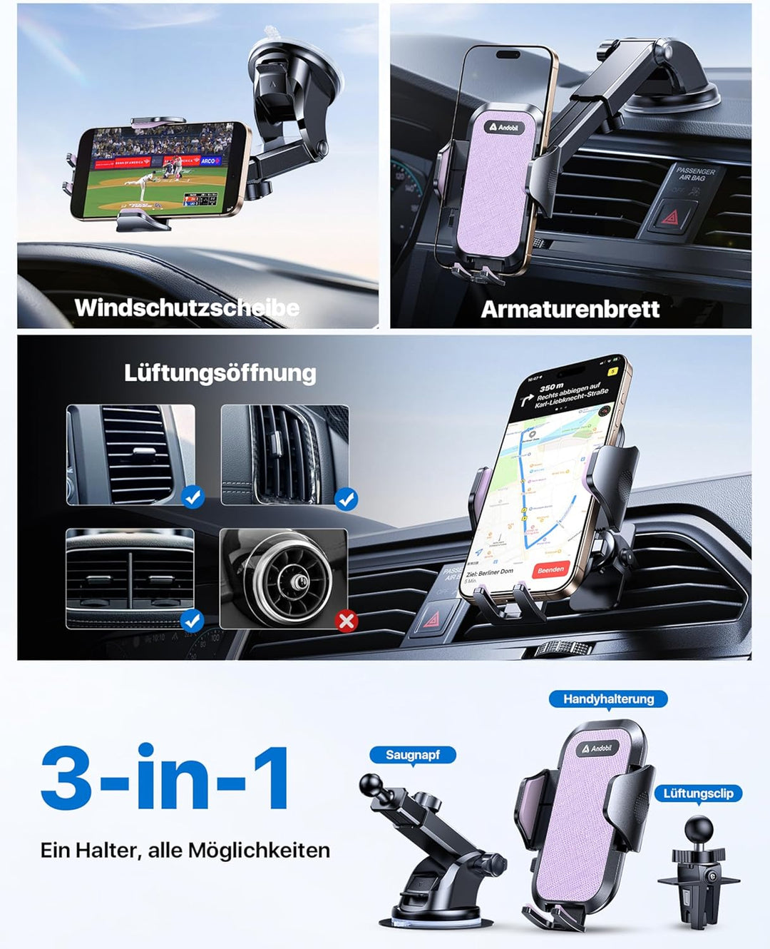 andobil Handyhalterung Auto [2026 Neueste Saugnapf] 3 in 1 Saugnapf & Lüftung Halter Universale KFZ